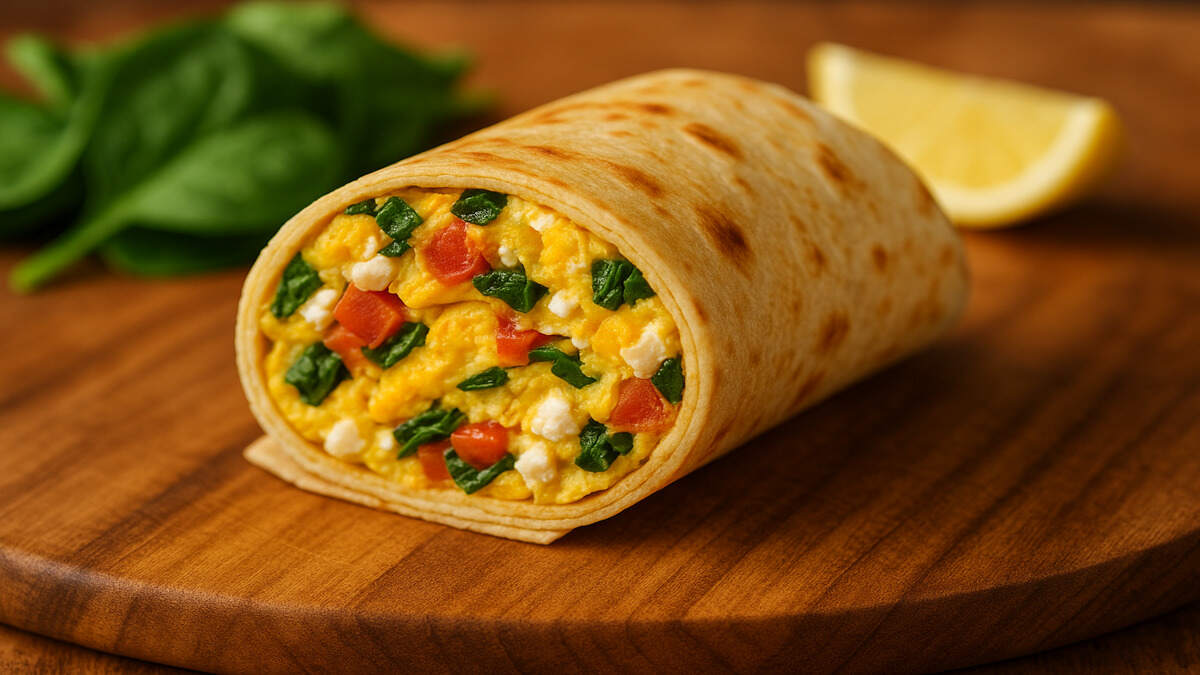 High-Protein Omelette Wrap cut open showing eggs, veggies, and paneer filling