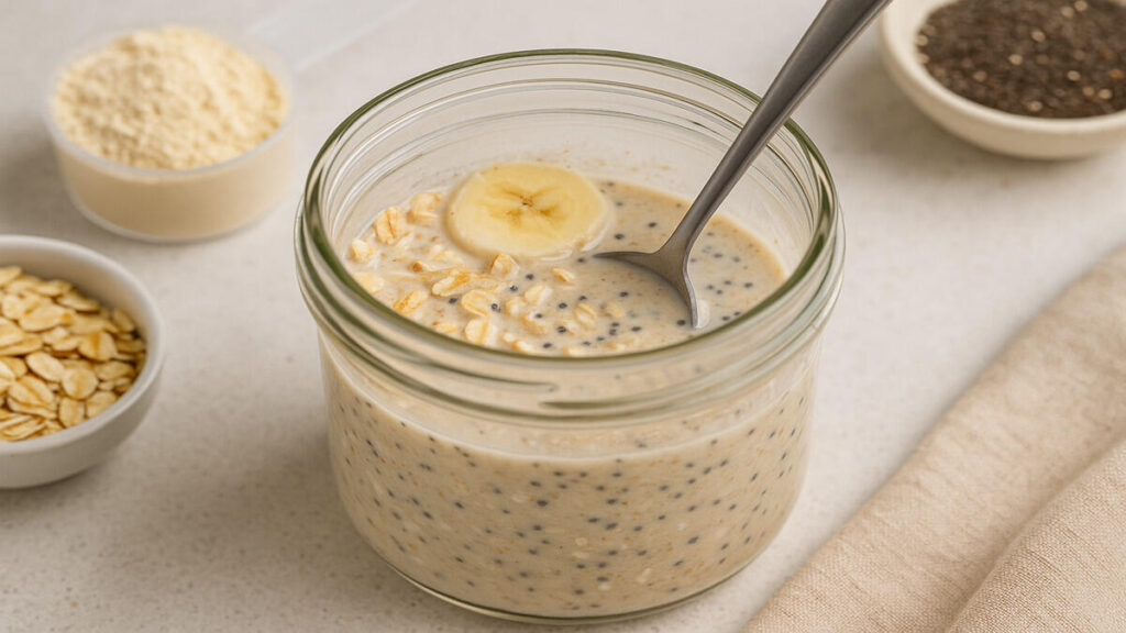 Mixing rolled oats, milk, and protein powder to prepare overnight oats.