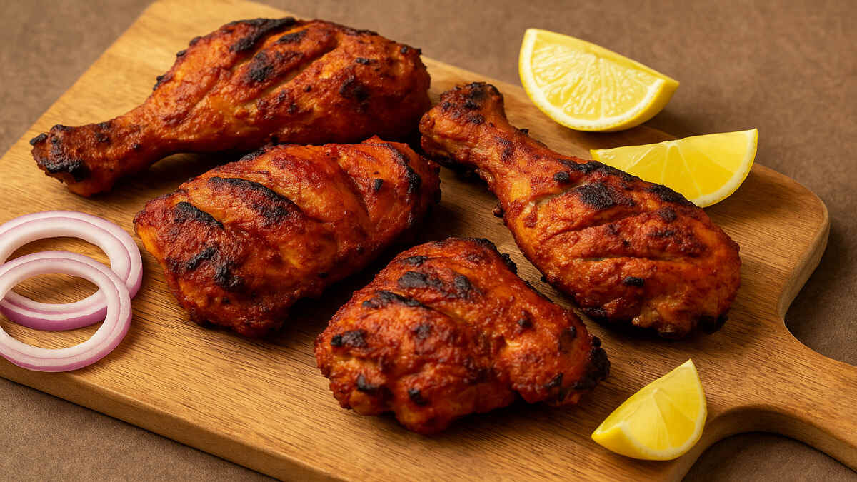 lose-up shot of air-fried tandoori chicken on a wooden board with lemon wedges and onion rings